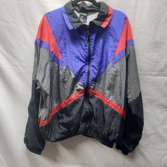 VTG 80's Turnpoint Sports Colorblock Red Purple Black Gray wind suit jacket Lg - Picture 1 of 7